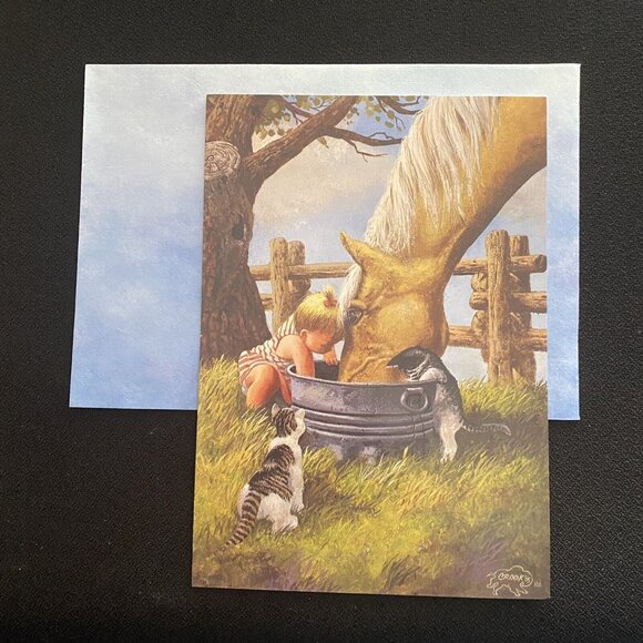 Combo Leanin' Tree Greeting Card/Magnet Horse Cats Child Country Don Crook© VTG - Picture 2 of 11